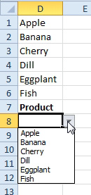 A hack for getting AutoComplete to work in Data Validation: Cell D8 is where someone should select a product. D7 says Product. D1:D6 contain the complete list of products: Apple Banana Cherrry Dill Eggplant Fish. If a person prefers to type instead of using the mouse, AutoComplete will kick in due to the product list in D1:D6. It is not a perfect solution, but it works in some cases.