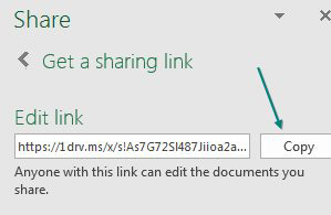 The Share Panel offers an Edit Link and a View-Only Link. Click the button to create either (or both) link. Once you create the link, you will see it is insanely long (https://1drv.ms/s/aksldsjasjdskjsajaldkladjkl. Instead of trying to type the link, use the Copy button that appears to the right of the link.