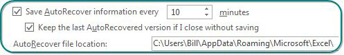 This figure shows File, Options, Save where you can change the location for AutoRecover files.