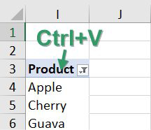 Paste the pivot table far to the right of your print range. Change the pivot table to show only Product. Remove the Grand Total. In the current example, the products are in I4:I8, but they could stretch down to cell I29.