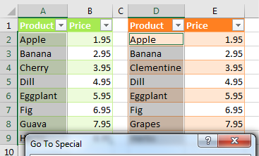 There are lists of products in A and D. Select A2:A9. Ctrl+Select D2:D9. Open Home, Find & Select, Go To Special. Choose Row Differences. OK.