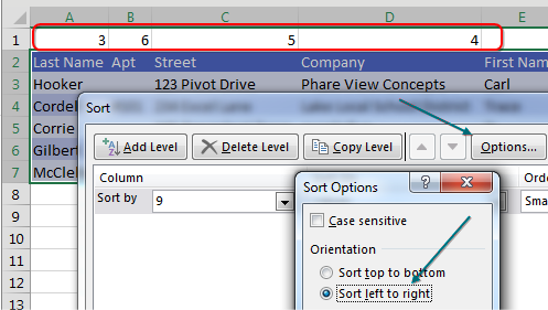 Insert a temporary row 1 above the headings. Type the numbers 1 through 9 in the correct sequence. For example, First Name should be 1. Middle Initial is 2. Last Name is 3. Company is 4. Street is 5. Select all the data and open the Sort dialog. Click the Options button in the top right and there are three choices in Sort Options: Case Sensitive. Sort Top to Bottom. Sort Left to Right. Choose Sort Left to Right and sort by Row 1.