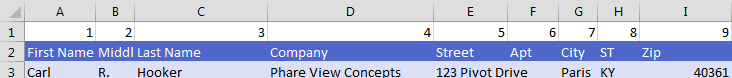 The data is now presented left to right in a logical order. First Name, Middle Initial, Last Name, and so on. At this point, you can delete the temporary row 1.